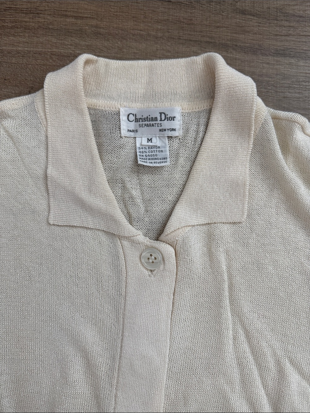 Vintage Christian Dior Cream Knit Polo-Style Button Cardigan Size M